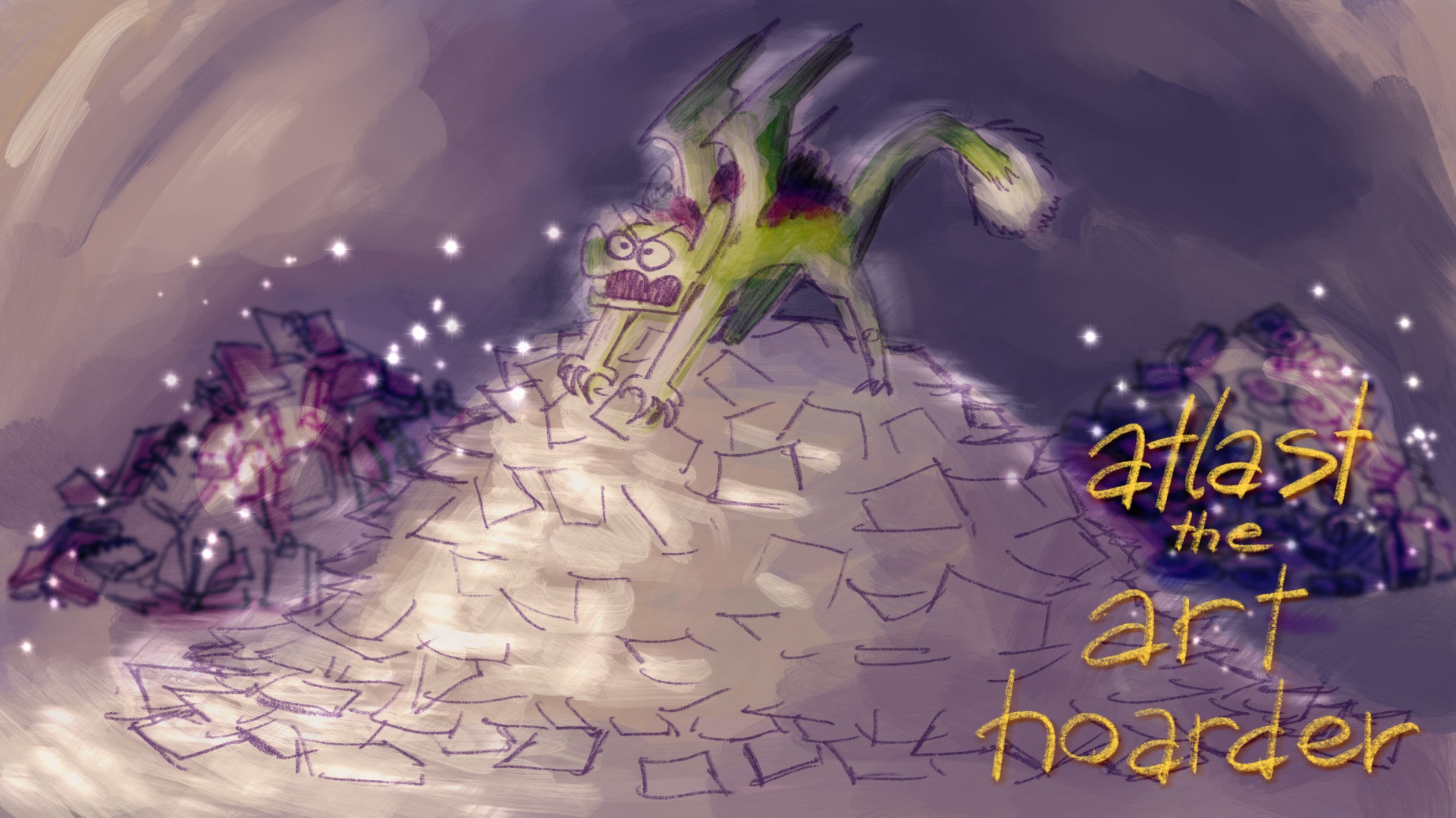 artwork of dragon and his hoarding piles of unpublished artwork