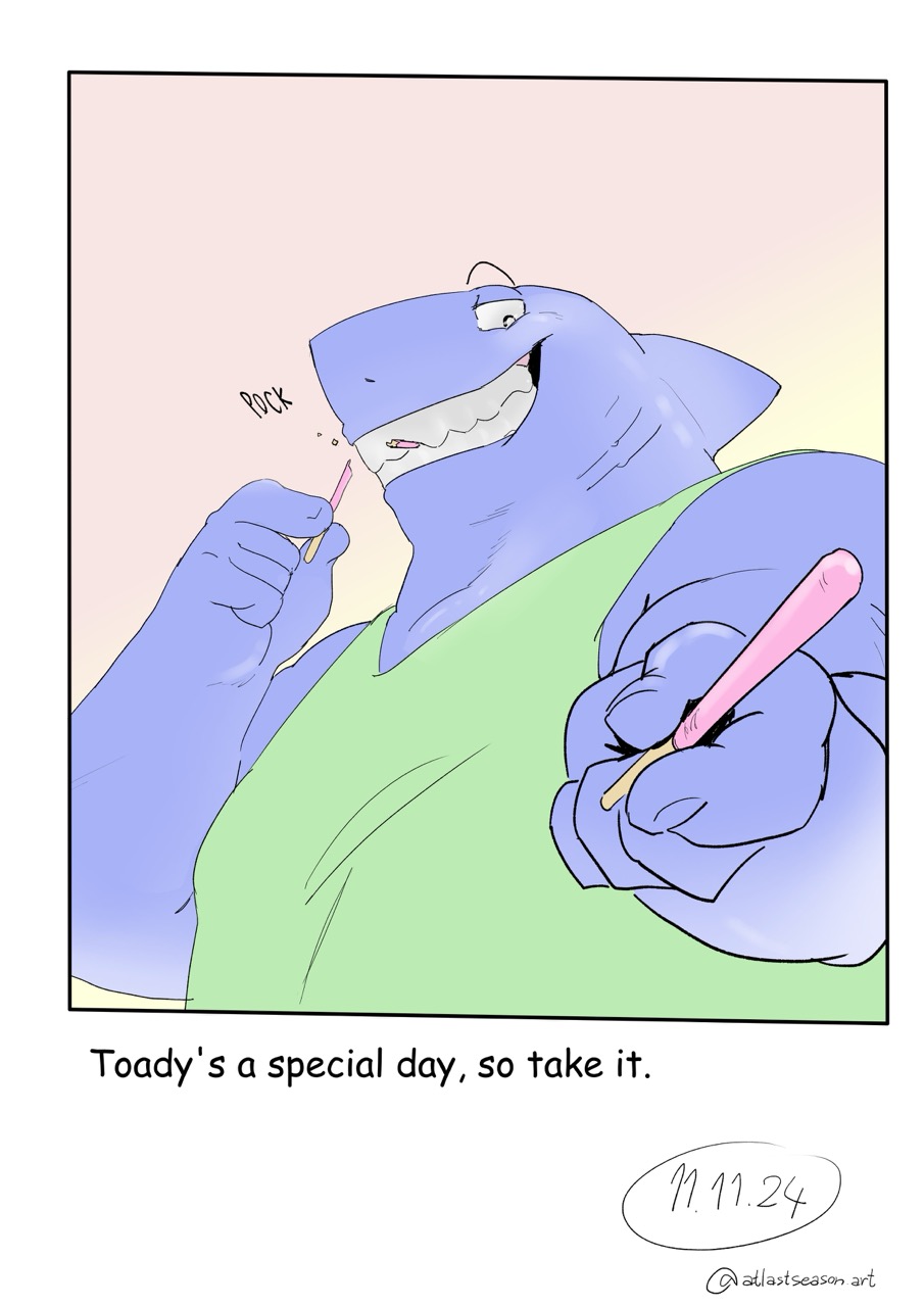 Drawing art, Shark from Shark bros. hands pocky at the viewer, Text reads: Today’s a special day, so take it.