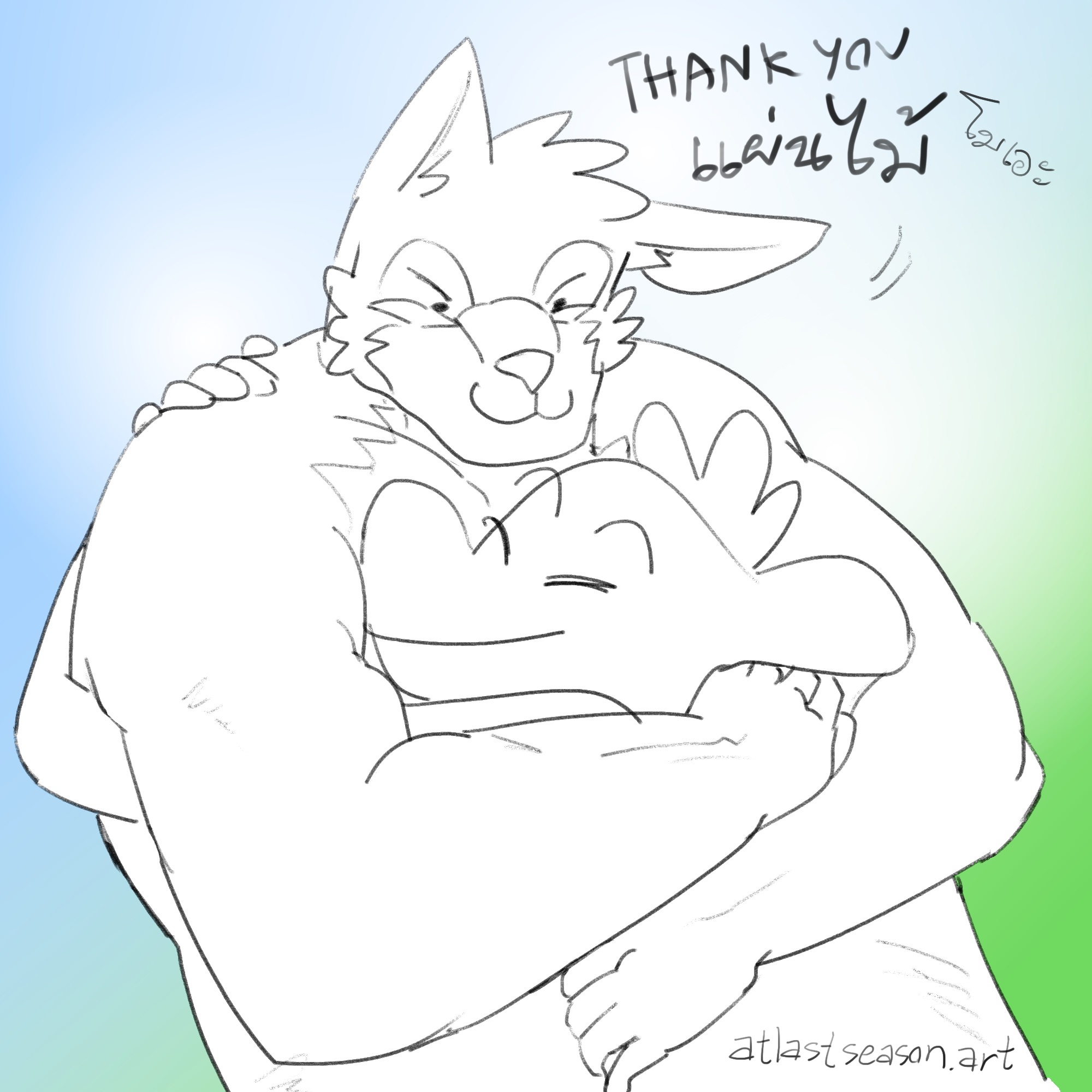 Drawing Art, 2024, Krita, Support&rsquo;s Event: Thank you Artwork, Green Dragon and Panmai, The moe seawolf, hugging each other, Thank you Panmai!, งานอาทวาดรูป ขอบคุณแผนไม้โมเอะ ปี 2567 โปรแกรม Krita มังกรเขียวกำลังกอดแผ่นไม้ หมาป่าโมเอะ