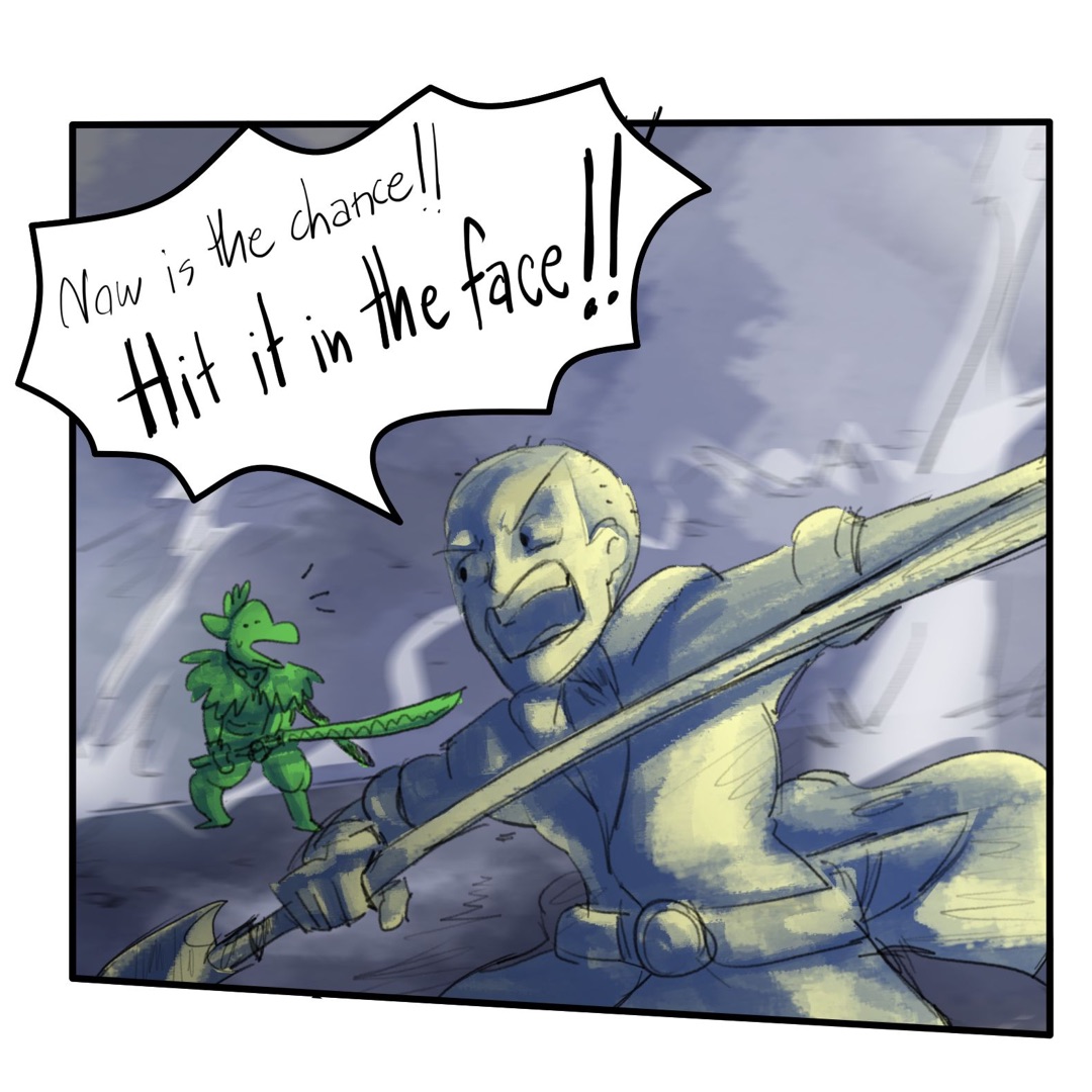 Comic Art, Monster Hunter Wilds: WHERE!?, Panel 1, A Human shouting at green dragon:  Now is the chance!! Hit it in the face!!