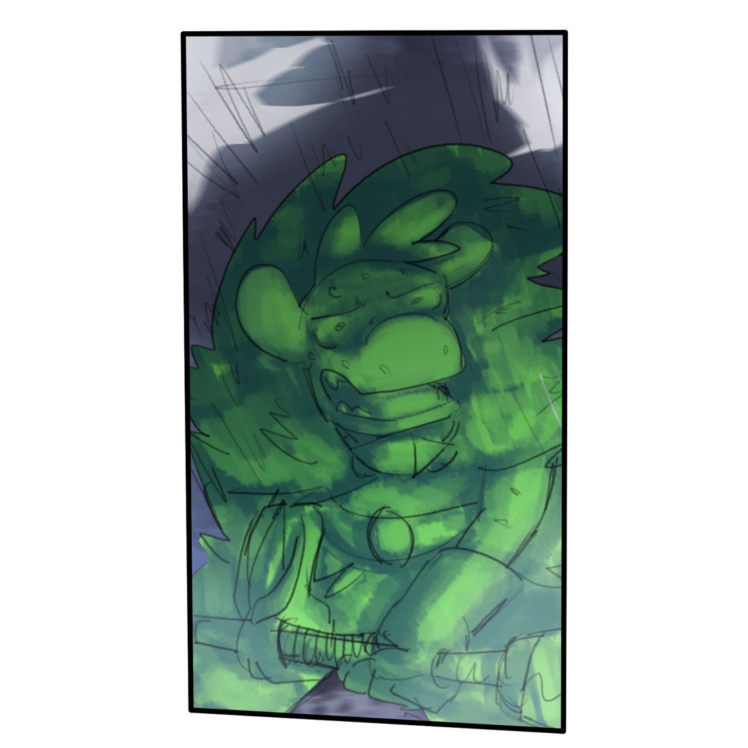 Comic Art, Monster Hunter Wilds: WHERE!?, Panel 2, A Green dragon staring in bewilderedness