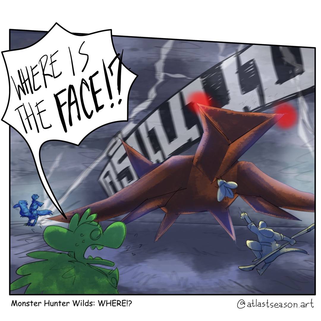 Comic Art, Monster Hunter Wilds: WHERE!?, Panel 3, A Green dragon shouting: WHERE IS THE FACE!?