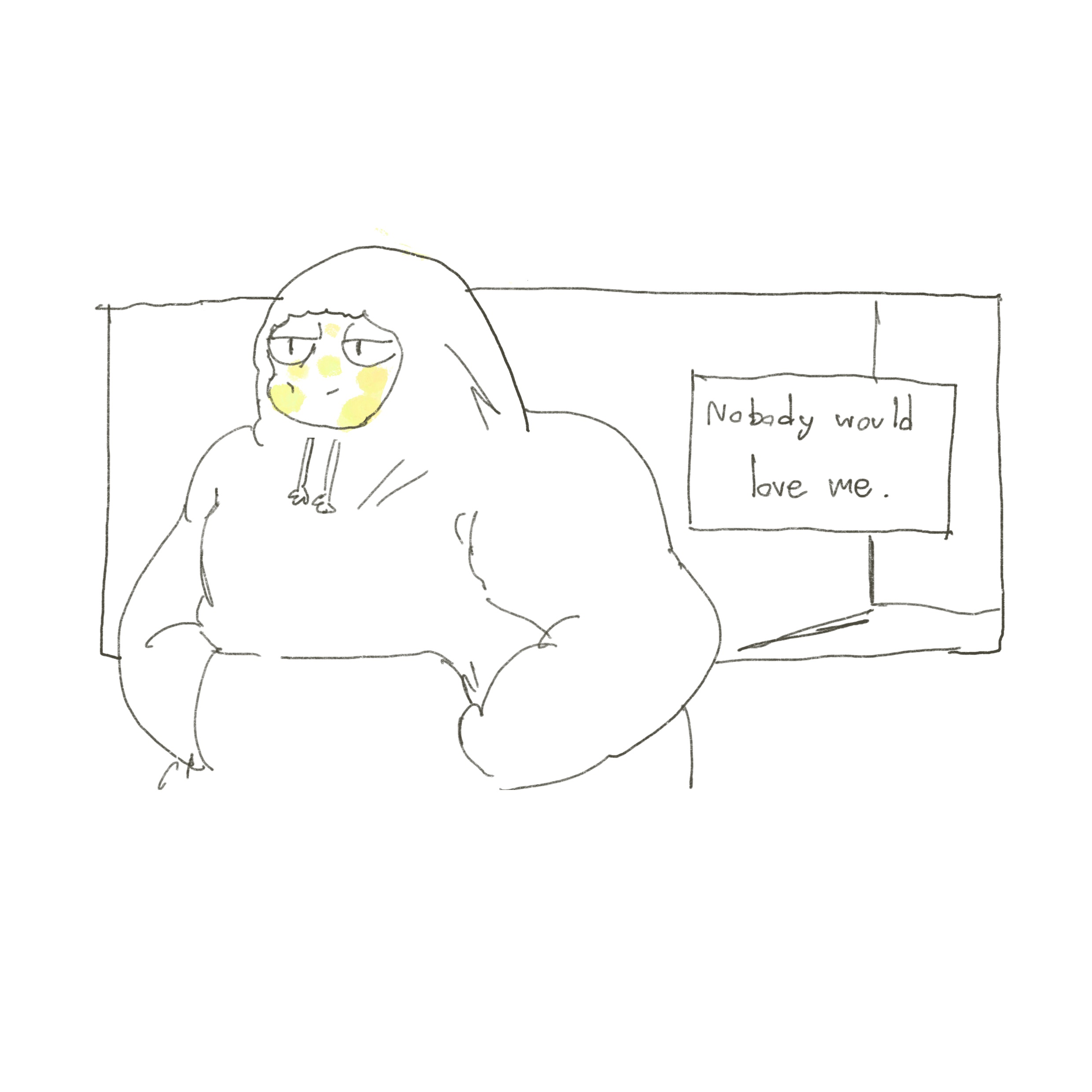 Comic art of Colorful, Comic Commission, Page 1, Panel 2, 2024, Texts read: Nobody would love me.