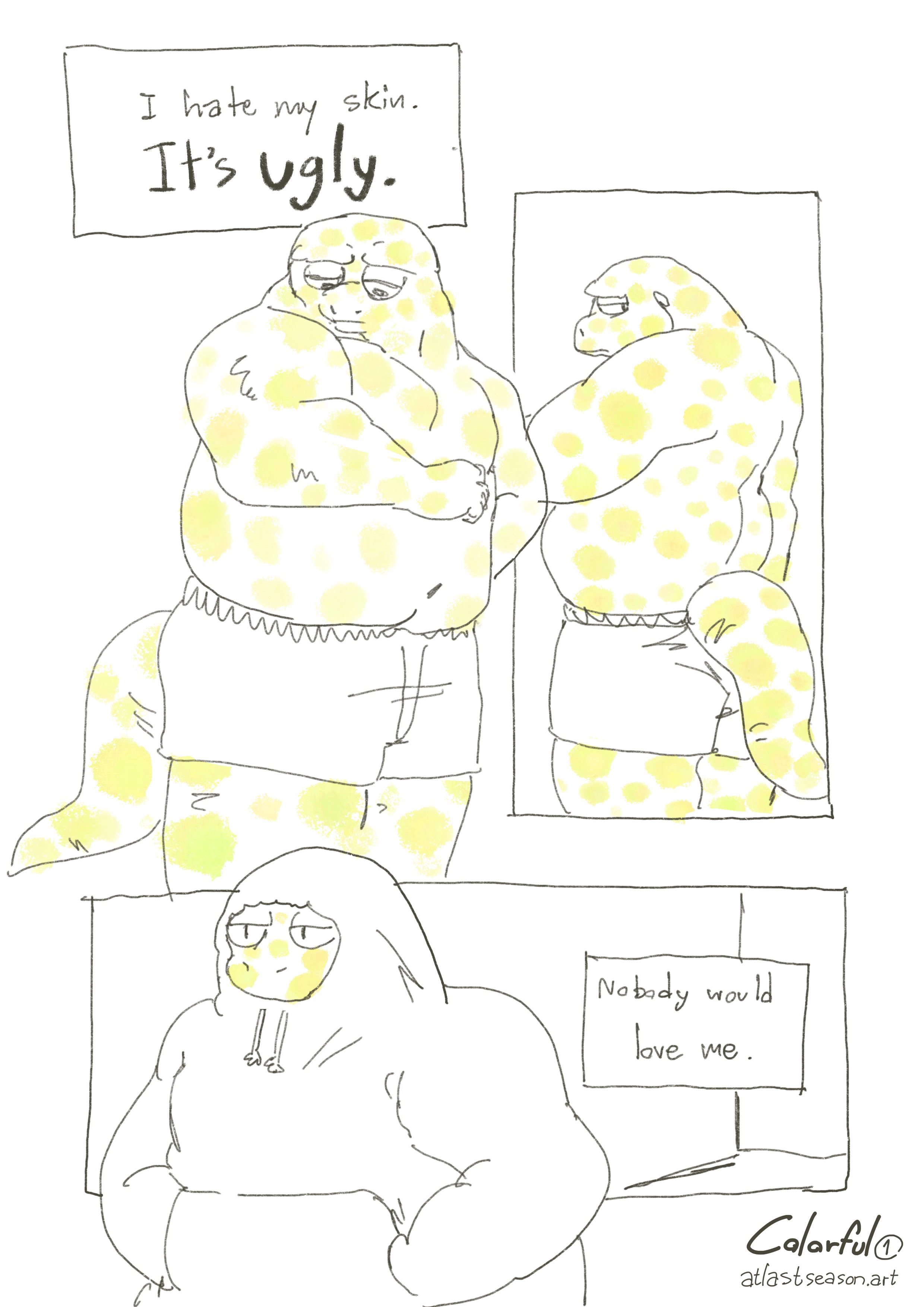 Comic art of Colorful, Comic Commission, Page 1, 2024, Texts read: 1) I hate my skin. It’s ugly. 2) Nobody would love me.