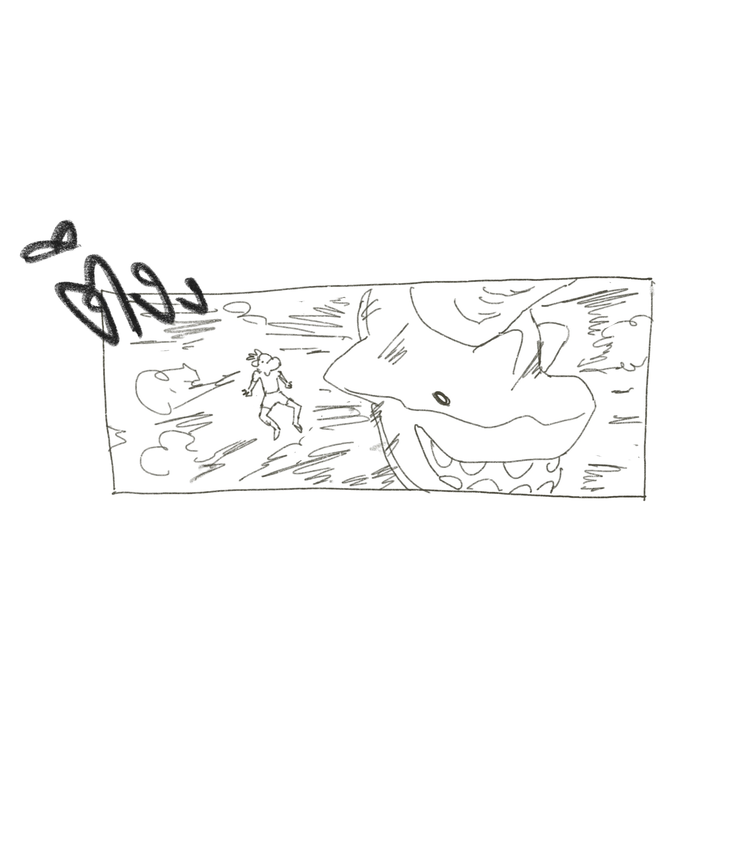 comic art, 2024, fanart, Look at them LEGS, Panel 1, Two characters, Giant foot nearly stepped on a Green Dragon