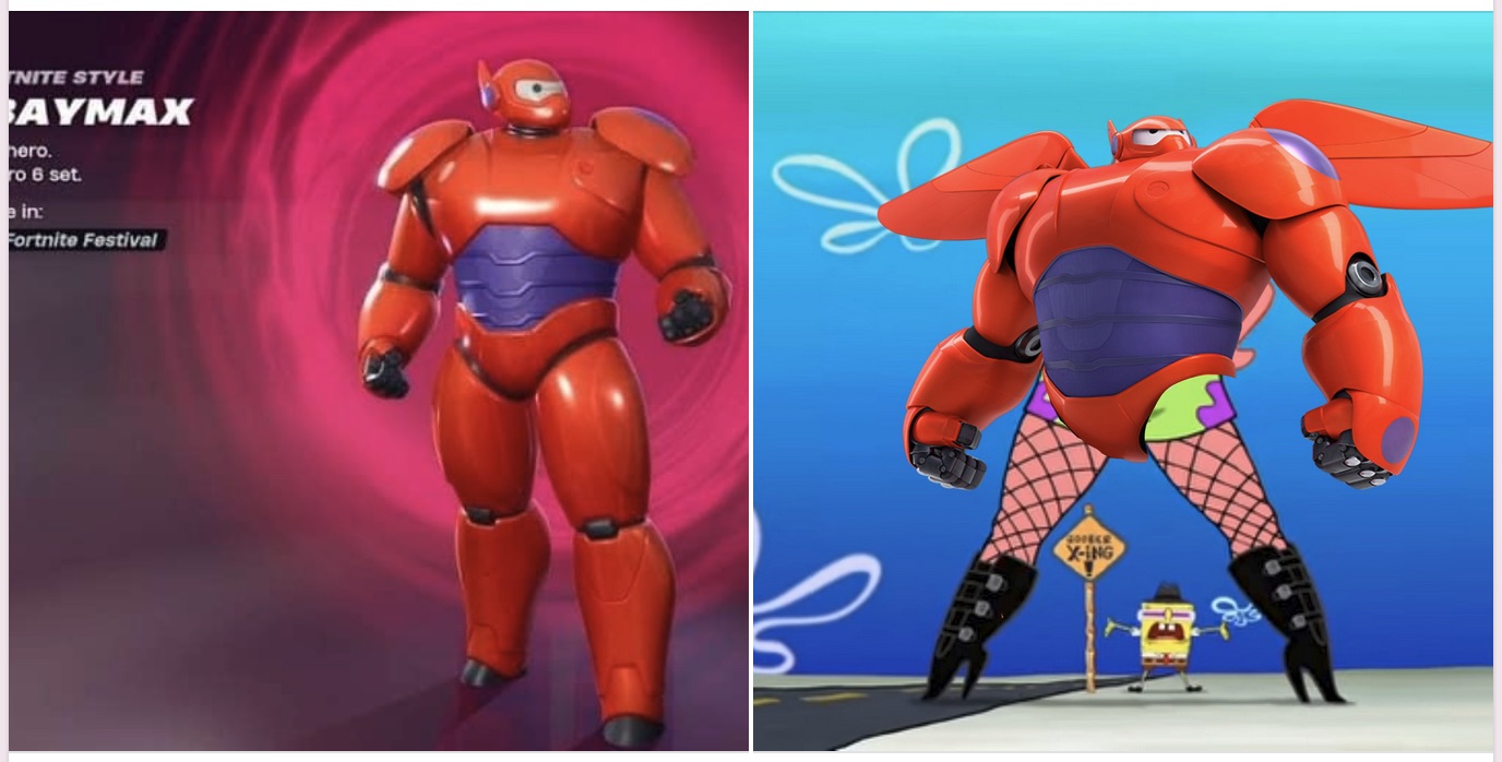 screenshot of baymax skin from fortnite and another spongebob version that has his fishnet legs